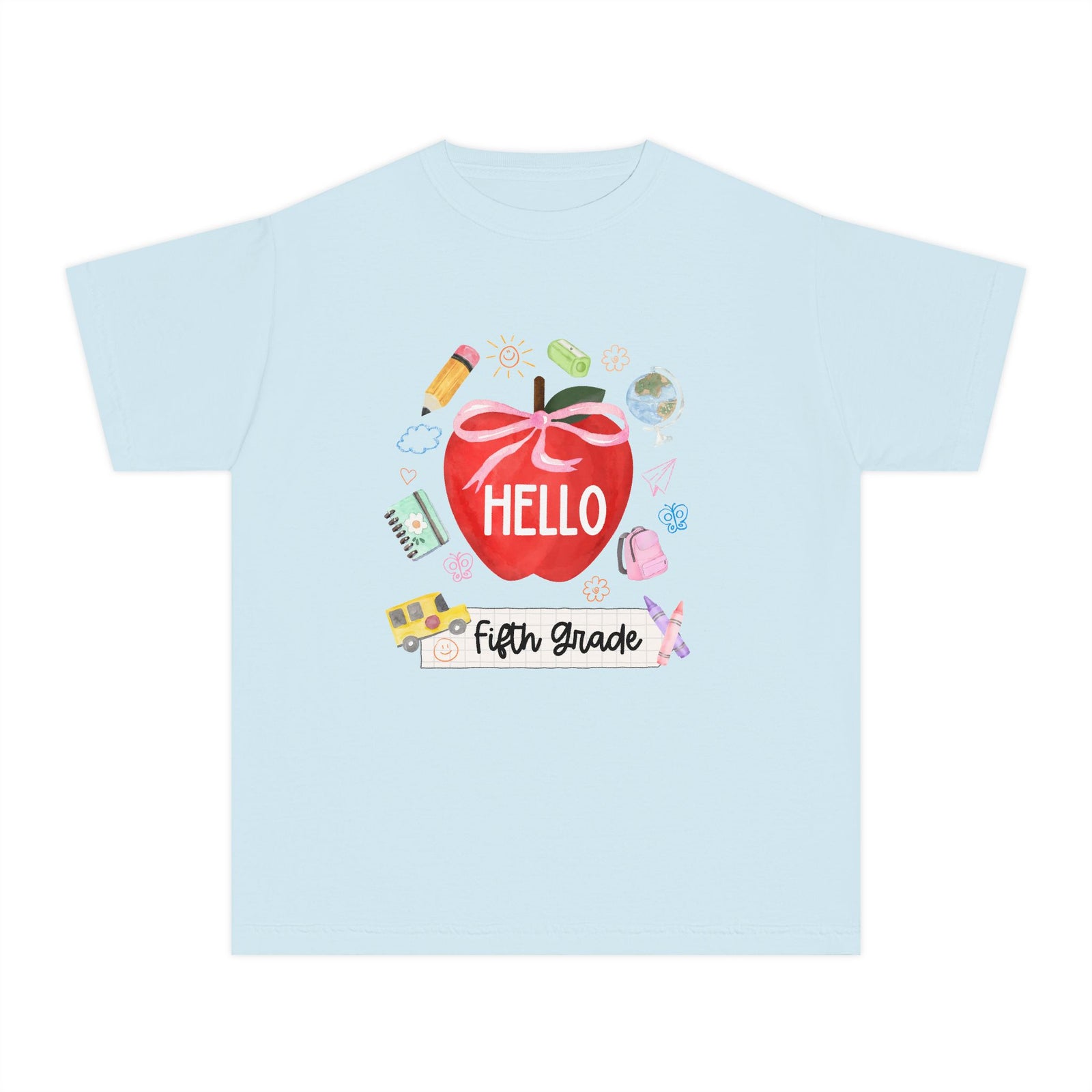 Hello Fifth Grade Preppy Coquette Apple Graphic Tee Back to School 5th Grade T-Shirt