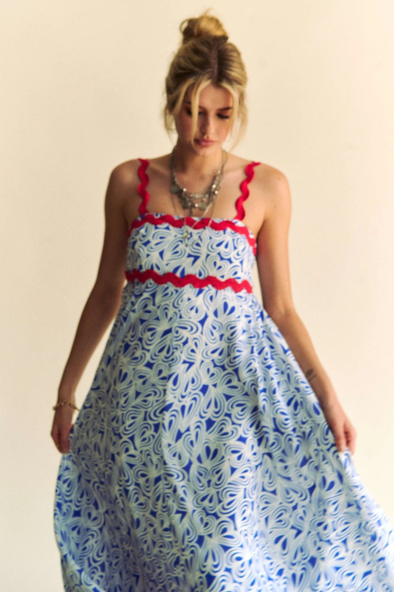 Davi & Dani Geo 2 Tone Printed Wavi Trim Tiered Maxi Dress - Sydney So Sweet