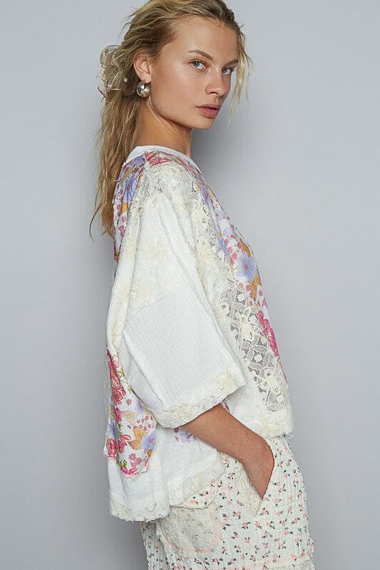 POL Floral Lace Patch Round Neck Double Gauze Top - Sydney So Sweet