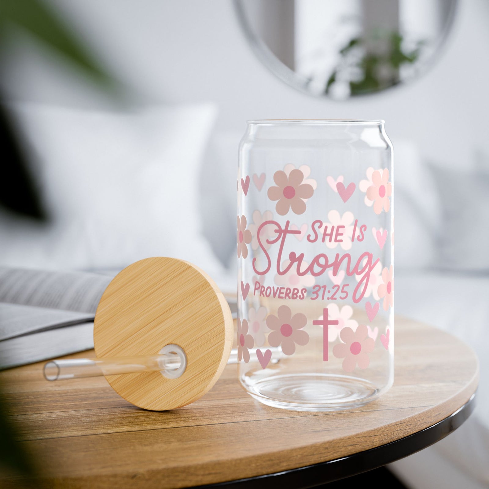 She Is Strong 16 Pink Floral Proverbs 31:25 Christian Tumbler Sipper Glass 16oz — Reusable Drink Jar with Lid & Straw - Sydney So Sweet