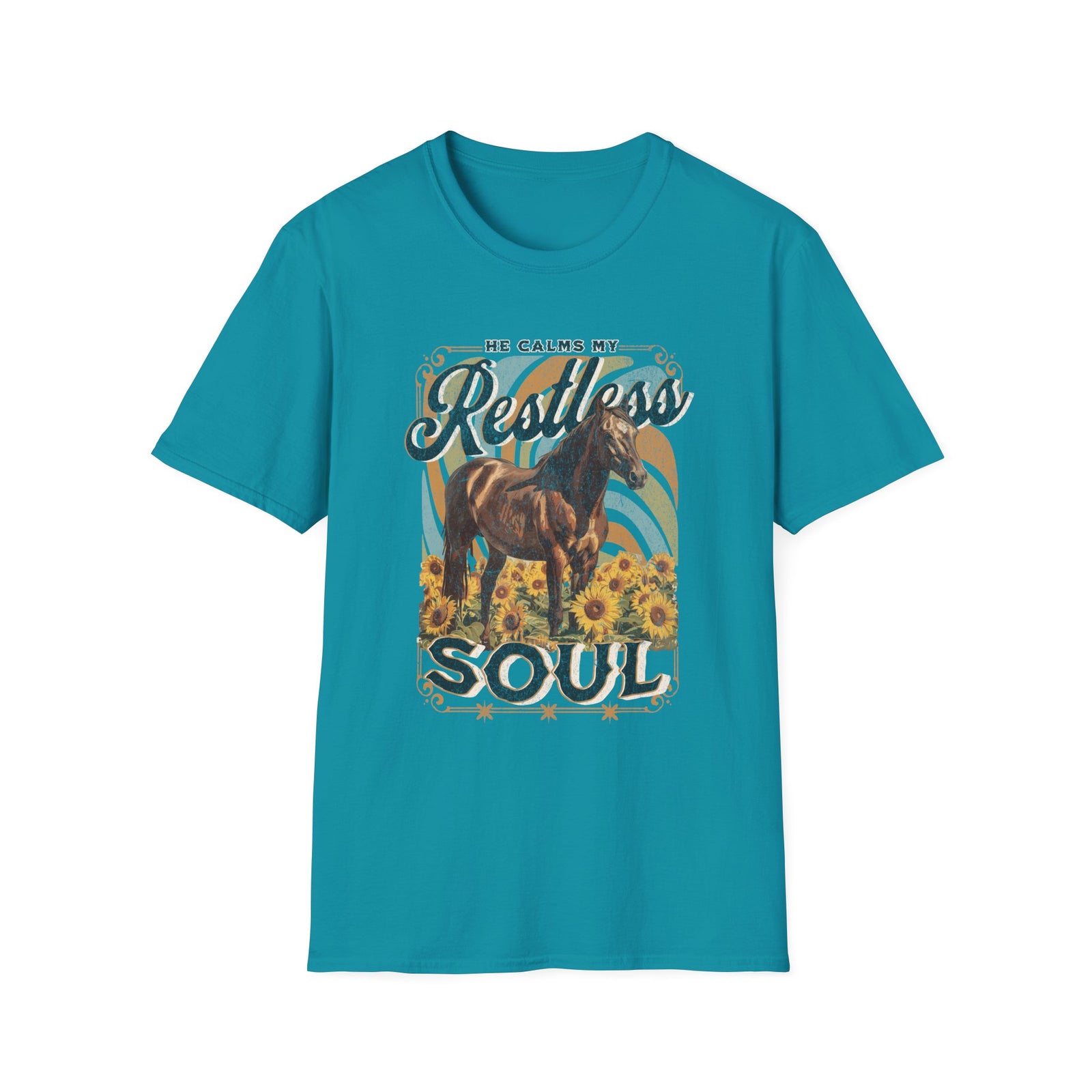 He Calms My Restless Soul T-Shirt Christian Horse & Sunflower Distressed Graphic Tee
