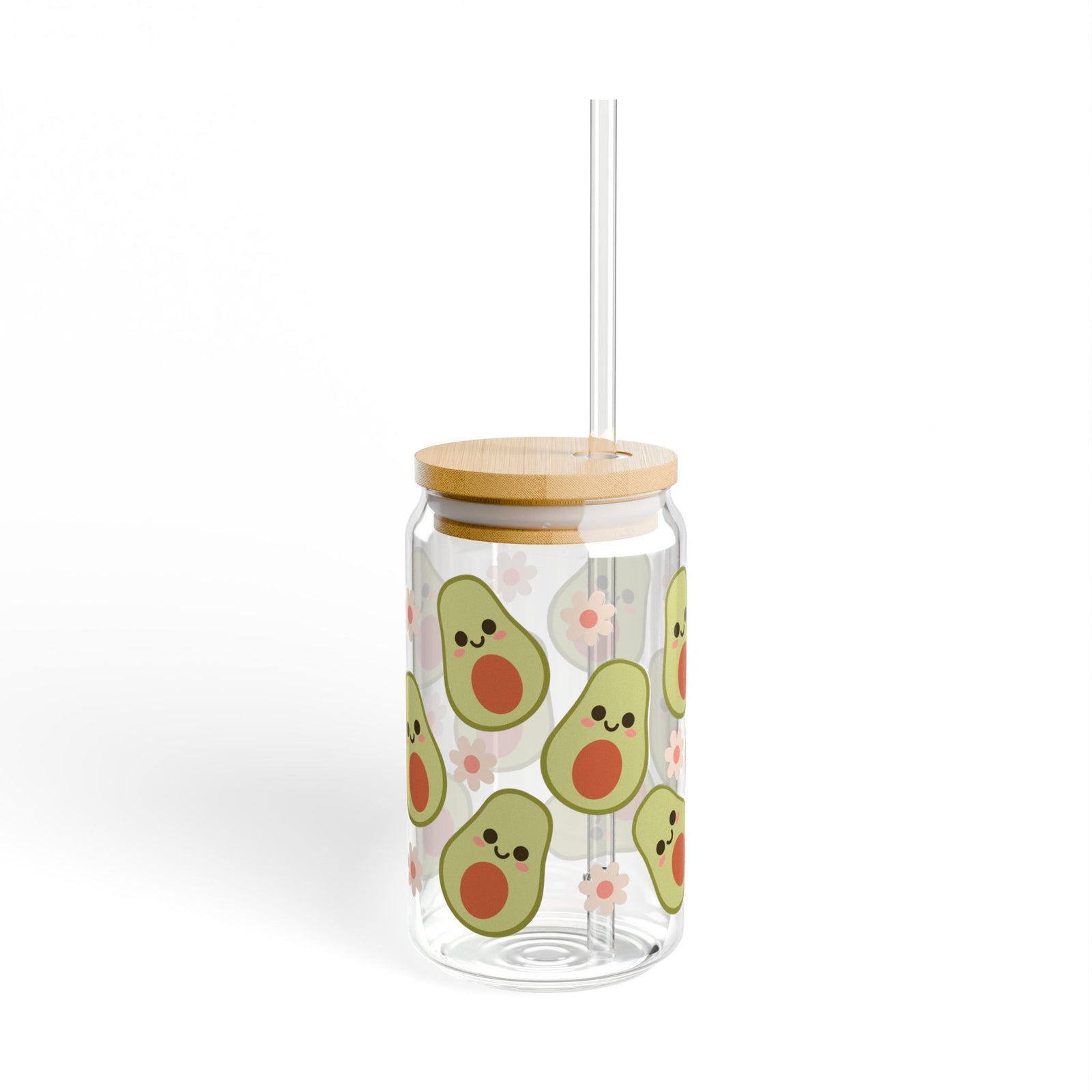 Happy Avocado Tumbler Sipper Glass 16oz — Reusable Drink Jar with Lid & Straw