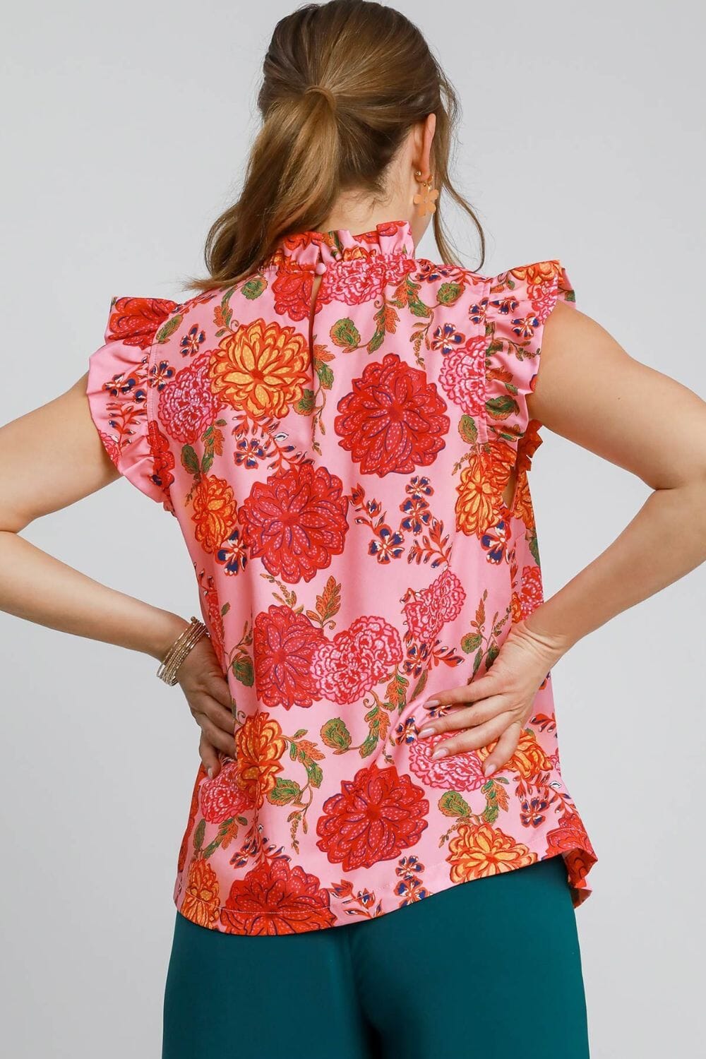 Umgee Full Size Floral Print Ruffled Cap Sleeve Blouse Plus Size - Sydney So Sweet