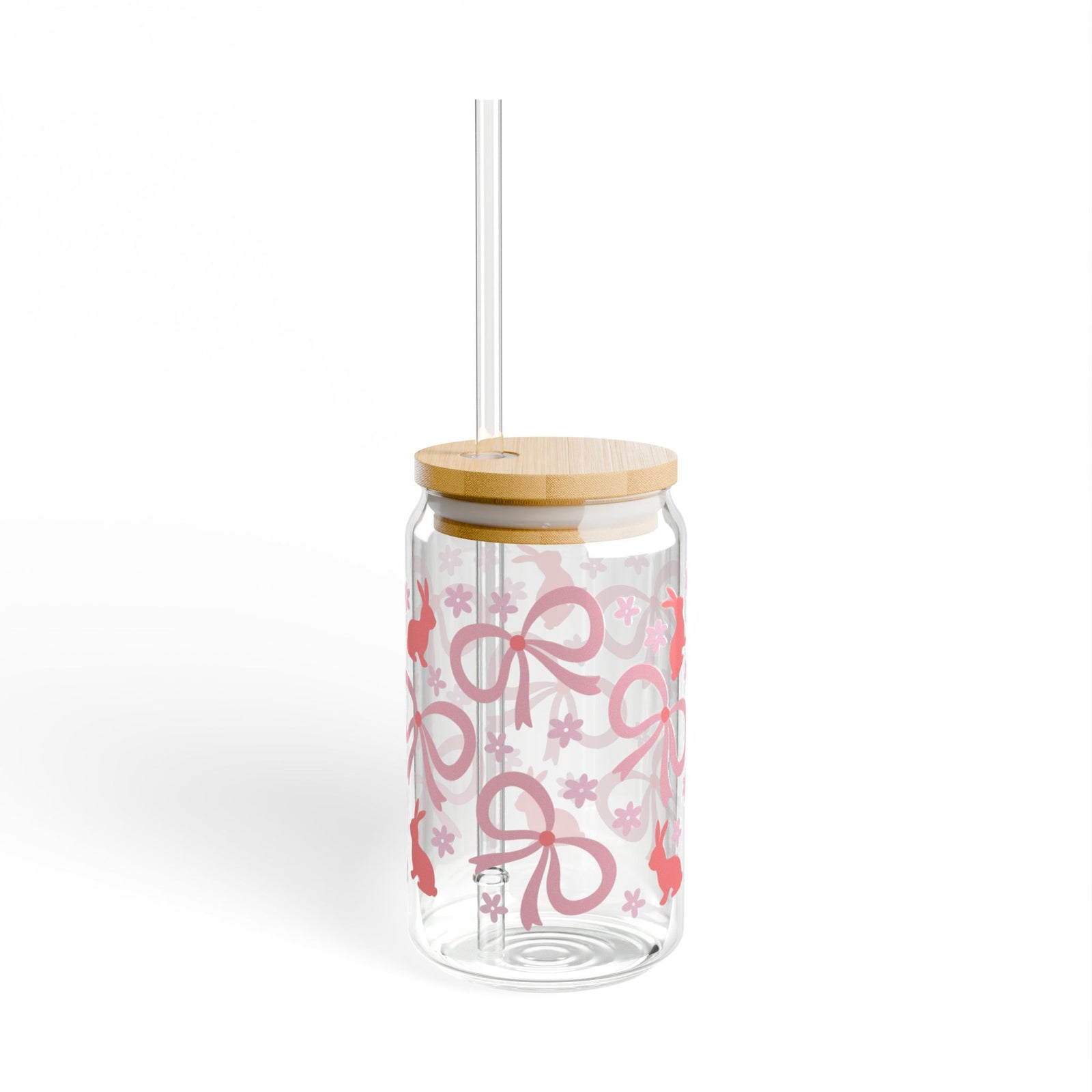 Pink Bunny Bows Tumbler Sipper Glass 16oz — Reusable Drink Jar with Lid & Straw