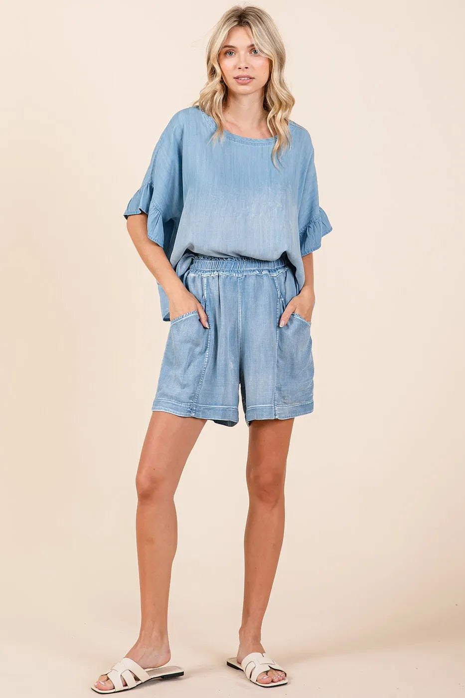 Mittoshop Washed Chambray Elastic Waist Easy Fit Shorts - Sydney So Sweet