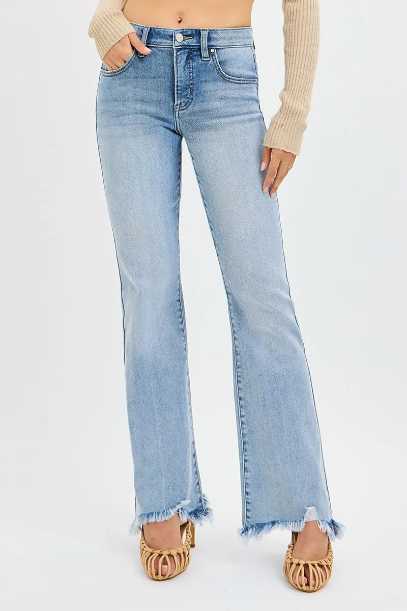 RISEN Full Size Tummy Control Mid Rise Flare Jeans with Fray Hem Detailed Plus Size - Sydney So Sweet