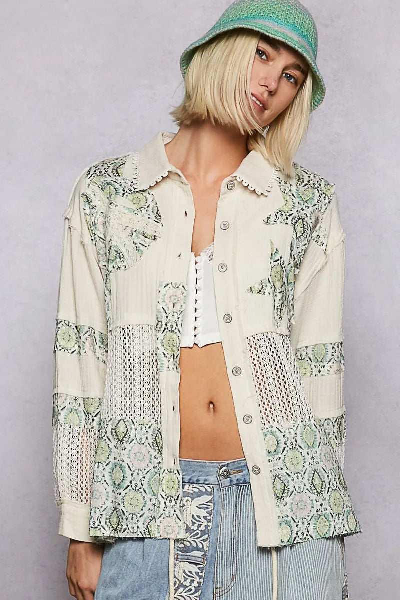 POL Printed Crochet Patchwork Button-Up Shirt - Sydney So Sweet