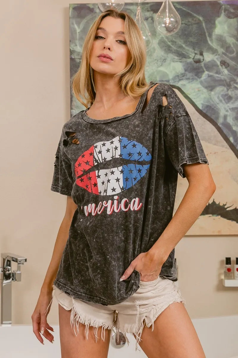 BiBi Laser Cut Mineral Washed Old Glory Lip Print Top - Sydney So Sweet