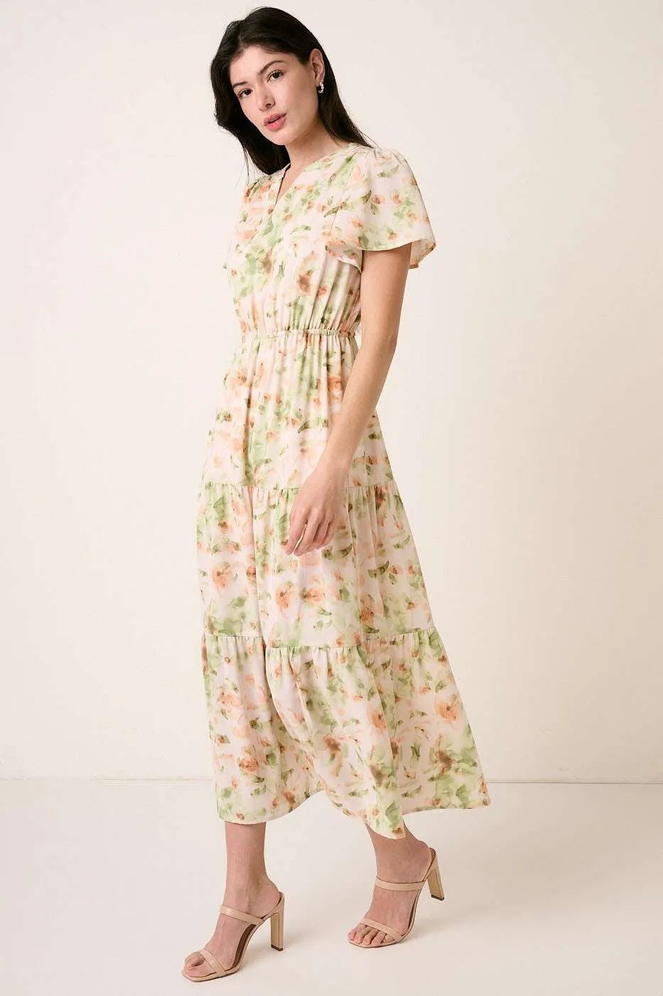 Mittoshop Flower Print Flutter Sleeve V Slit Maxi Dress - Sydney So Sweet