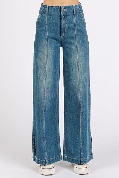Mittoshop Medium Wash Seam Detail Wide Leg Denim Jeans - Sydney So Sweet