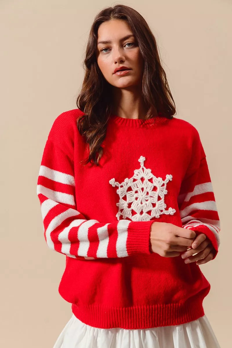 SO ME Christmas Snowflake Crochet Embellished Sweater - Sydney So Sweet