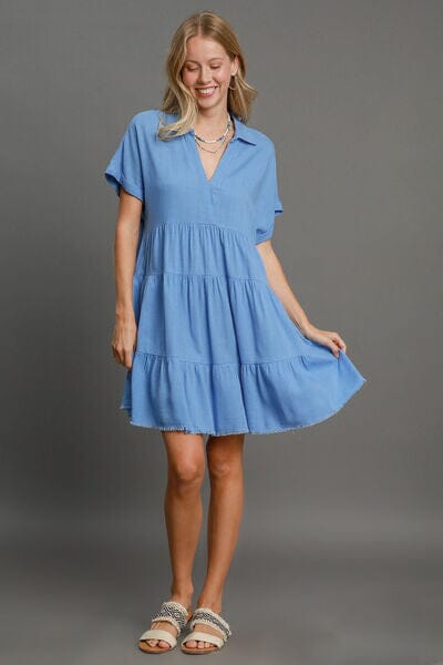 Umgee Full Size Raw Hem Folded Sleeve Tiered Dress Plus Size - Sydney So Sweet