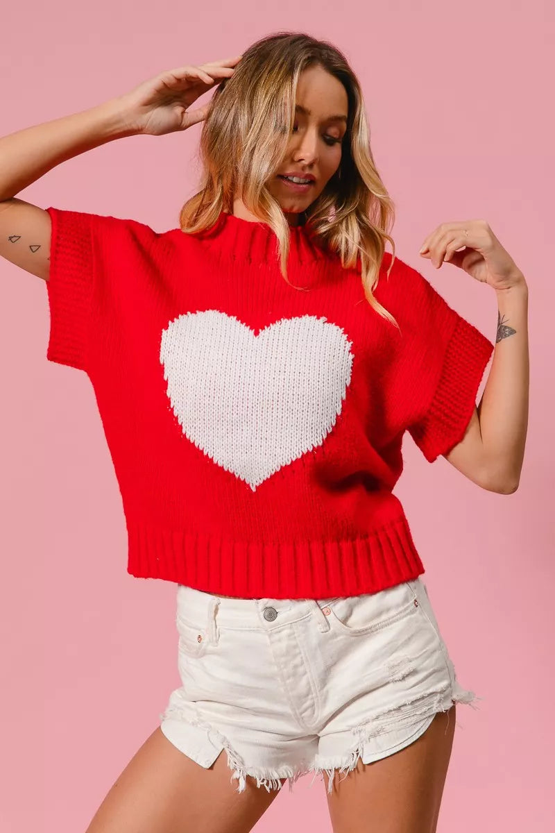 BiBi Rib Banded Heart Pattern Valentines Sweater - Sydney So Sweet
