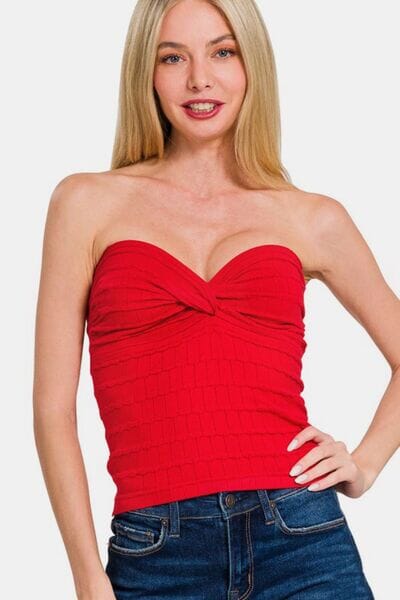 Zenana Ruched Twisted Sweetheart Neck Top - Sydney So Sweet