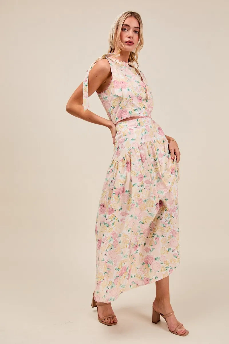 SO ME Floral Printed Woven Shoulder Bow Tie Top and Skirt Set - Sydney So Sweet