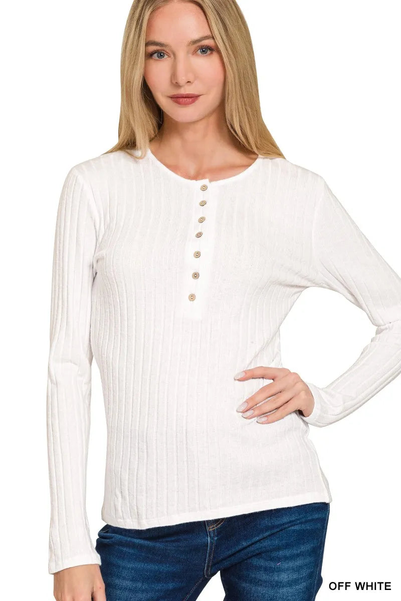 Zenana Ribbed Long Sleeve Half Button Top - Sydney So Sweet