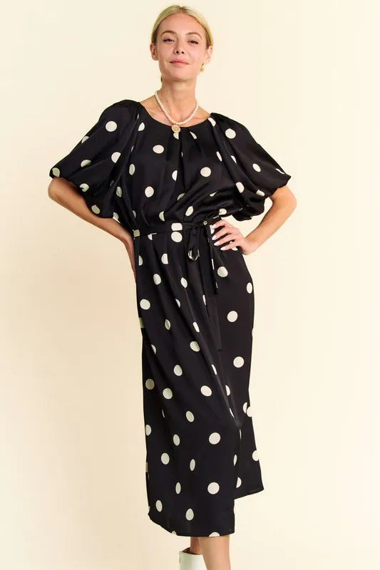 Davi & Dani Polka Dot Puff Sleeves Waist Tie Midi Dress - Sydney So Sweet