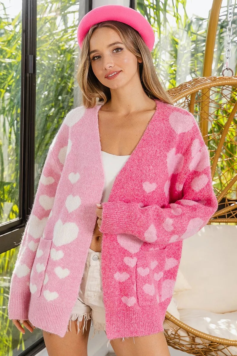 BiBi Heart Color Block V-Beck Knit Cardigan with Pockets - Sydney So Sweet