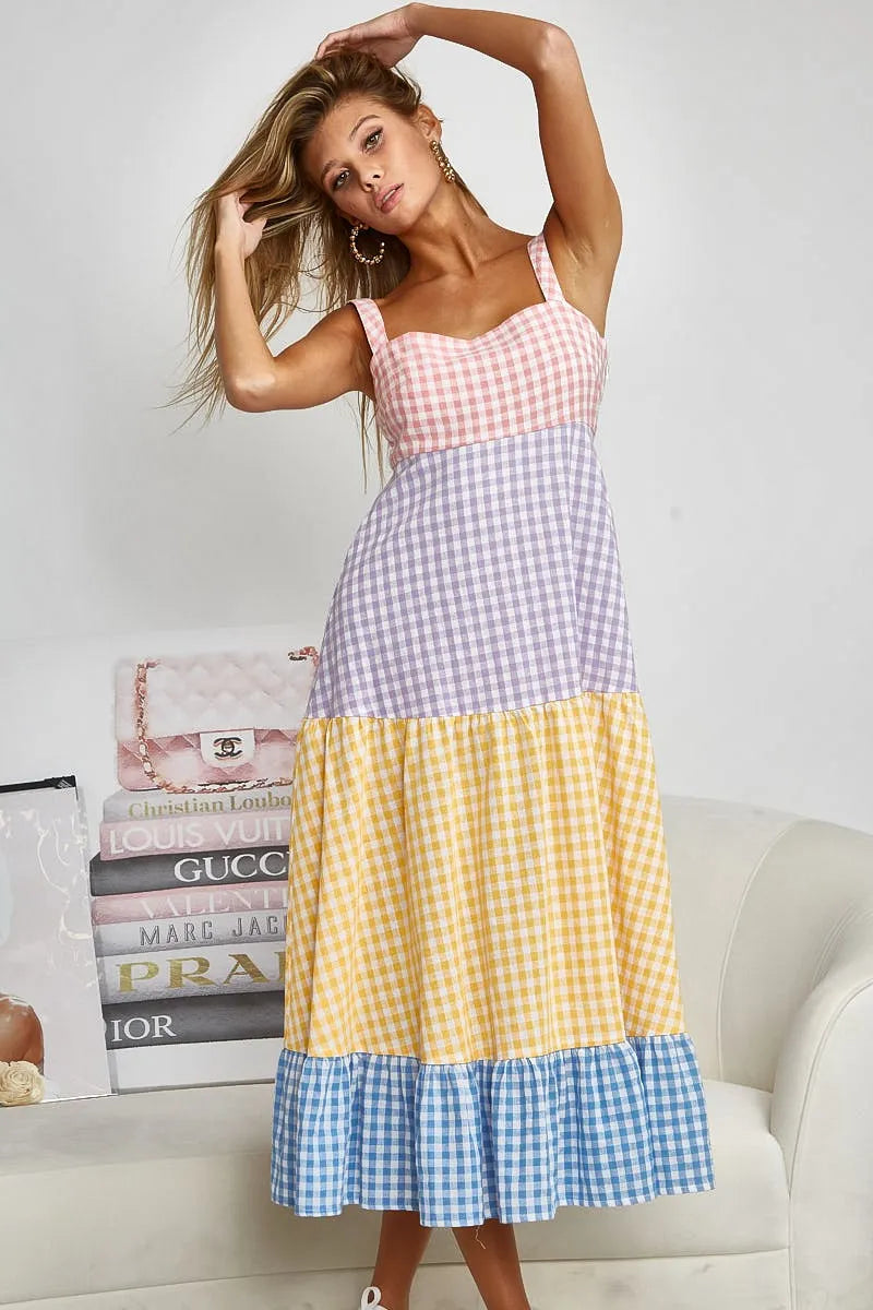BiBi Color Block Tiered Gingham Dress - Sydney So Sweet