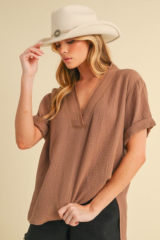 Aemi + Co Side Slit V-Neck Short Sleeve Blouse - Sydney So Sweet