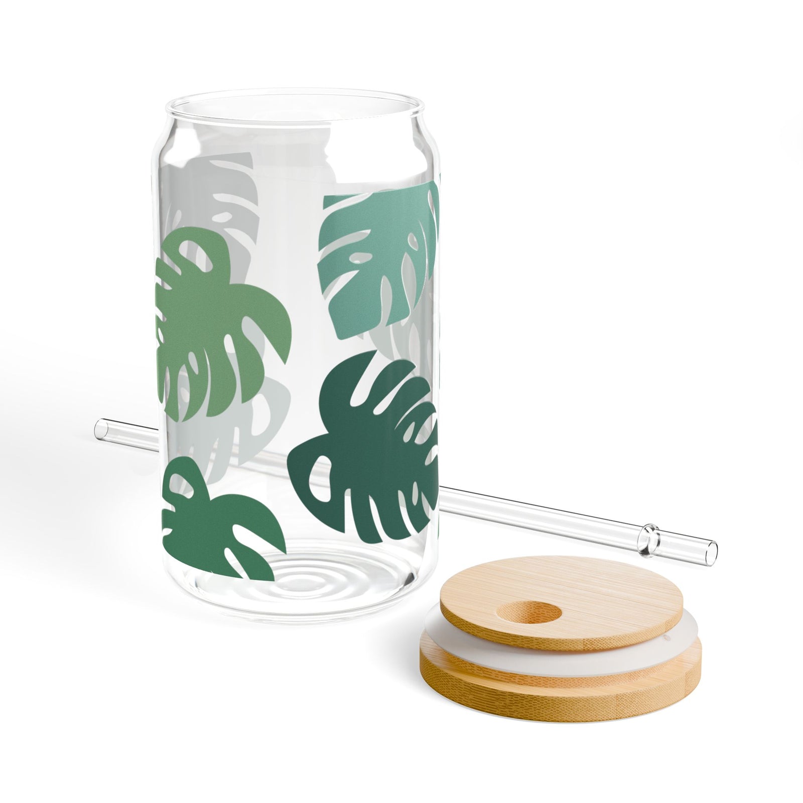 Monstera Leaf Tumbler Sipper Glass 16oz — Reusable Drink Jar with Lid & Straw