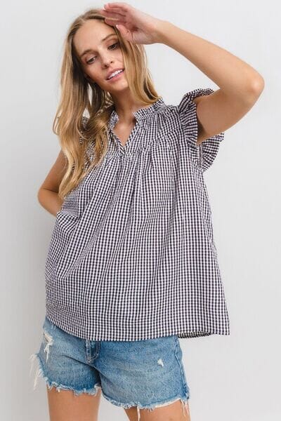 Ces Femme Plaid Notched Ruffled Cap Sleeve Blouse - Sydney So Sweet