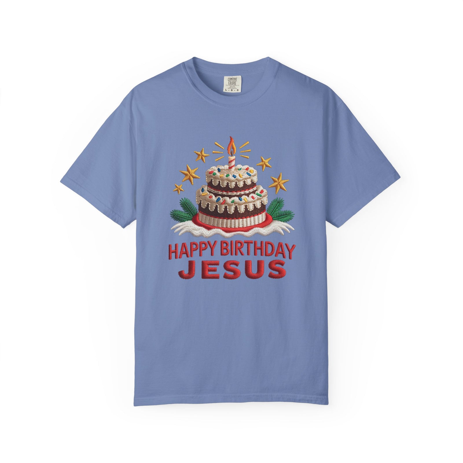 Happy Birthday Jesus Birthday Cake Faux Embroidery Tee Christmas Graphic T-Shirt