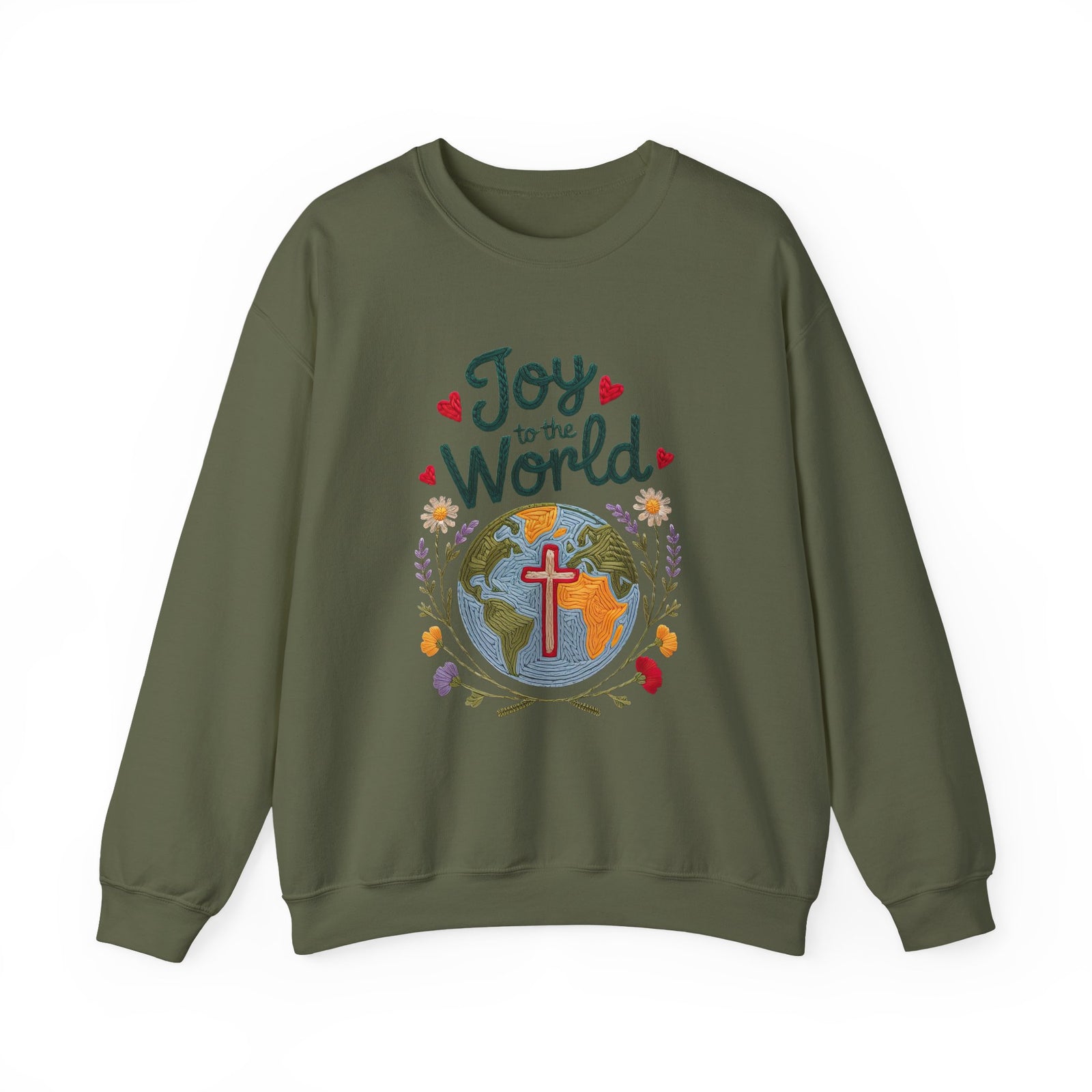 Joy to the World Faux Embroidery Christmas World & Cross Crewneck Unisex Sweatshirt