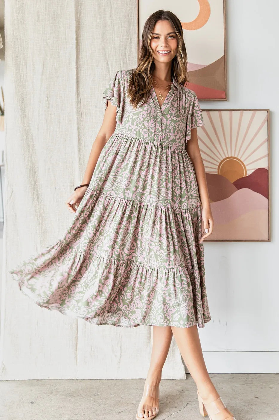 Mittoshop Abstract Print Ruffle Tier Midi Dress - Sydney So Sweet