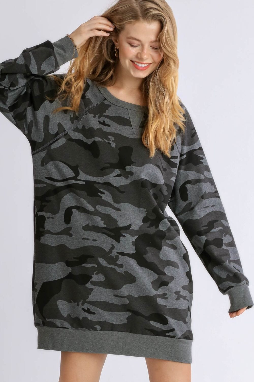 Umgee Full Size Camo Print Ribbed Hem French Terry Mini Dress Plus Size - Sydney So Sweet