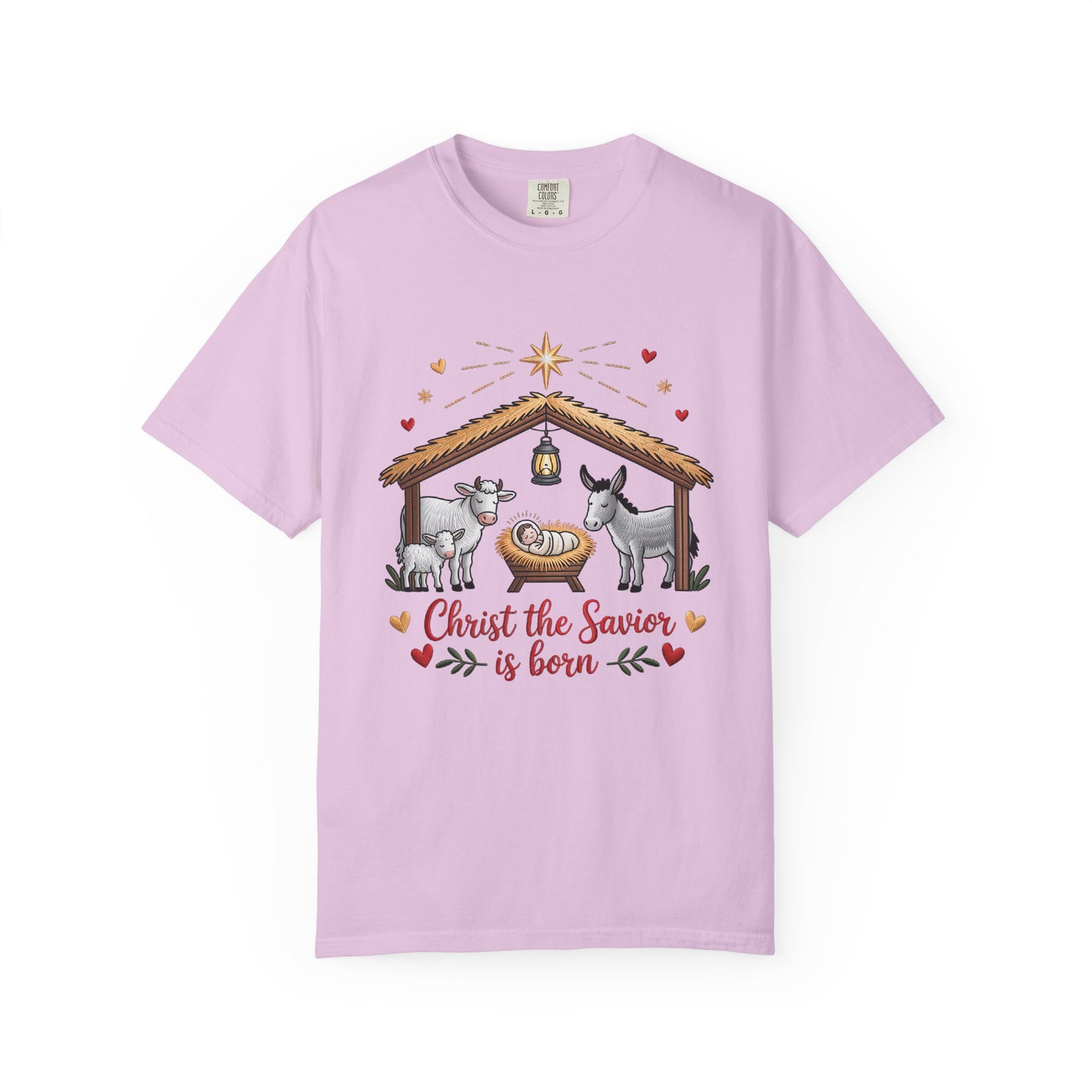 Christ the Savior is Born Faux Embroidery T-Shirt Nativity Scene Graphic Tee
