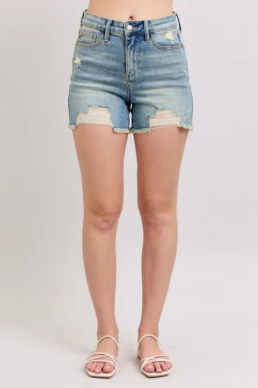 Judy Blue High Rise Washed Fly Stitch Detail and Destroy Denim Shorts - Sydney So Sweet