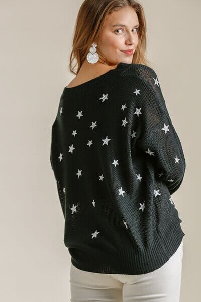 Umgee Full Size Star V-Neck Long Sleeve Sweater Plus Size - Sydney So Sweet