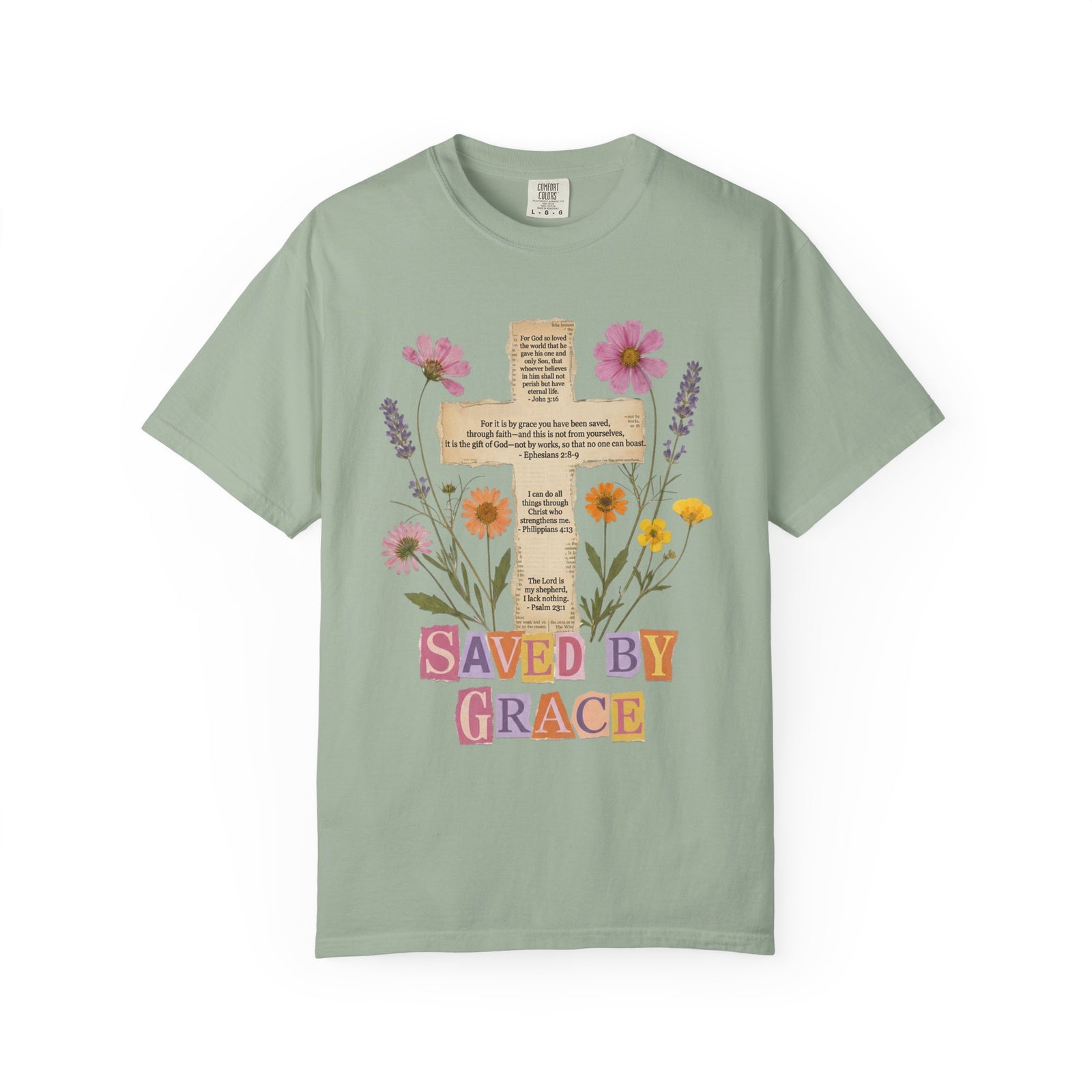 Saved by Grace Floral Cross T-Shirt Christian Faith Inspirational Graphic Tee