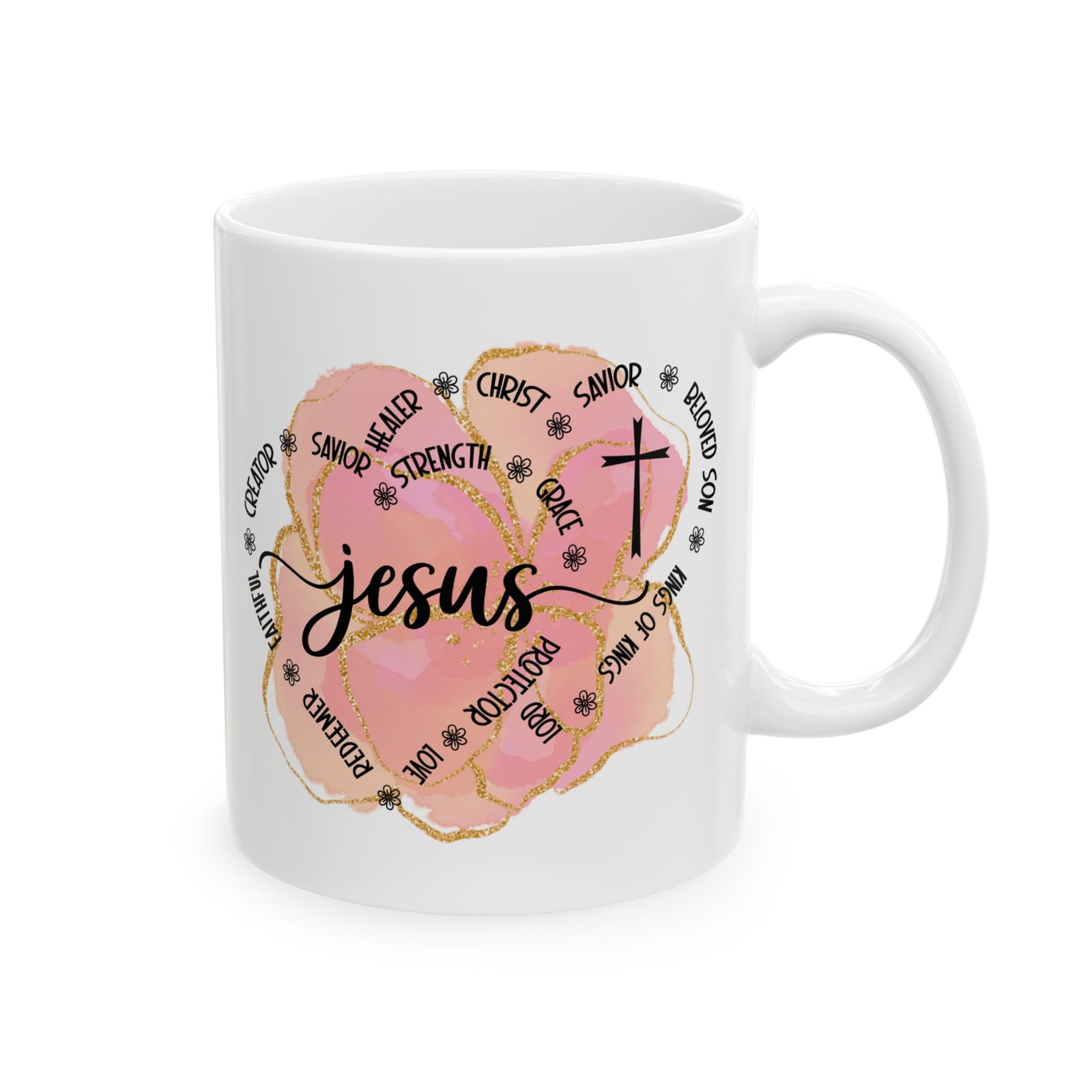 Jesus Strength & Grace Ceramic Mug — Pink Watercolor Cross Inspirational Coffee Cup (11oz/15oz) - Sydney So Sweet