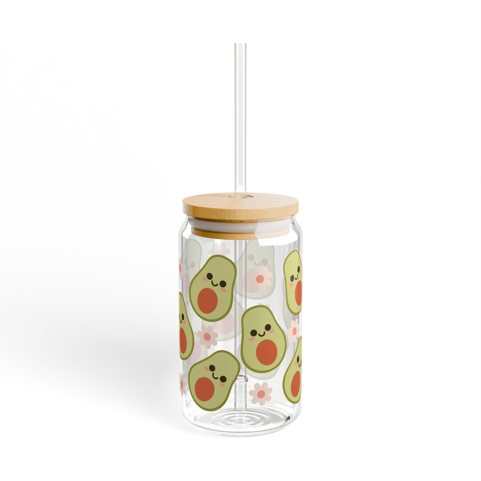 Happy Avocado Tumbler Sipper Glass 16oz — Reusable Drink Jar with Lid & Straw