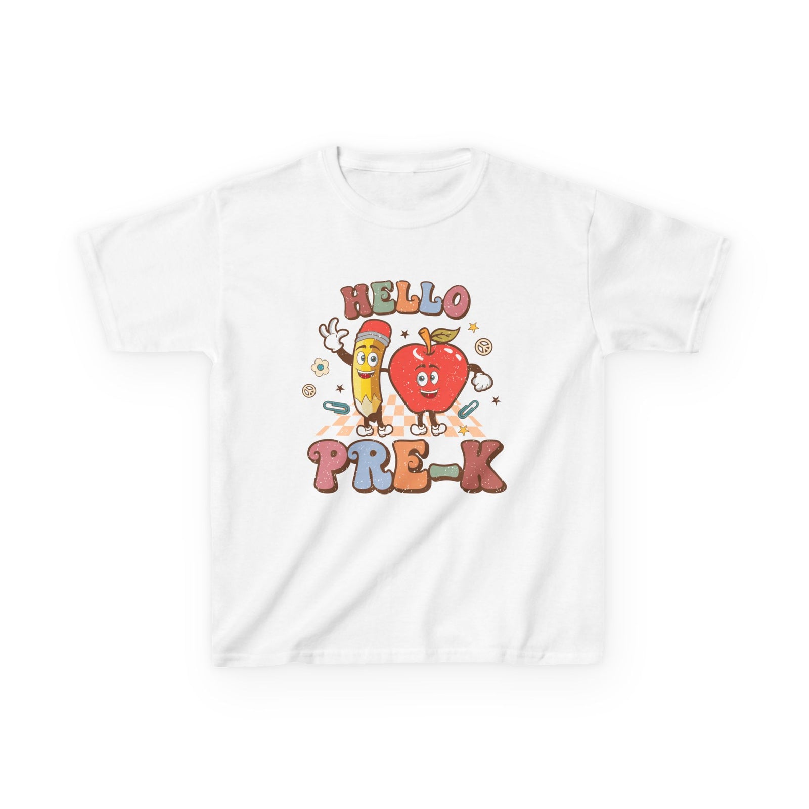 Hello Pre-K Grade Cute Apple & Pencil Graphic Tee Back-to-School Preschool Kids T-Shirt