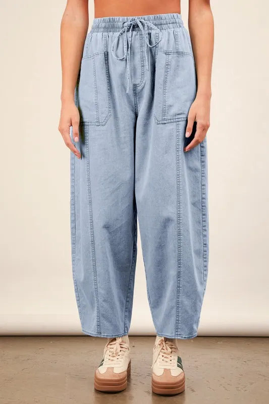 VERY J Washed Chambray Barrel Denim Pants - Sydney So Sweet