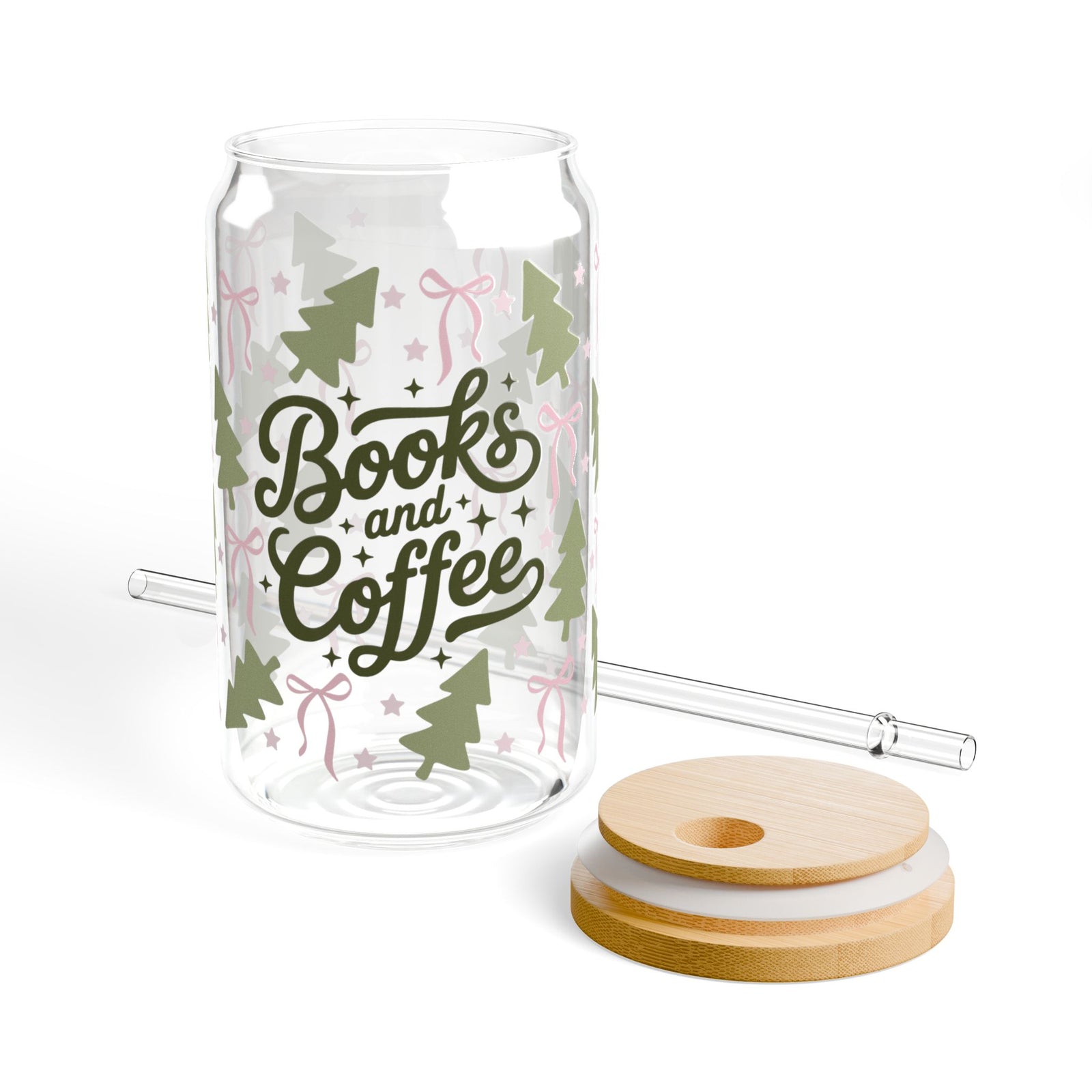 Books & Coffee Coquette Trees 16 oz reusable glass drink jar with lid and straw