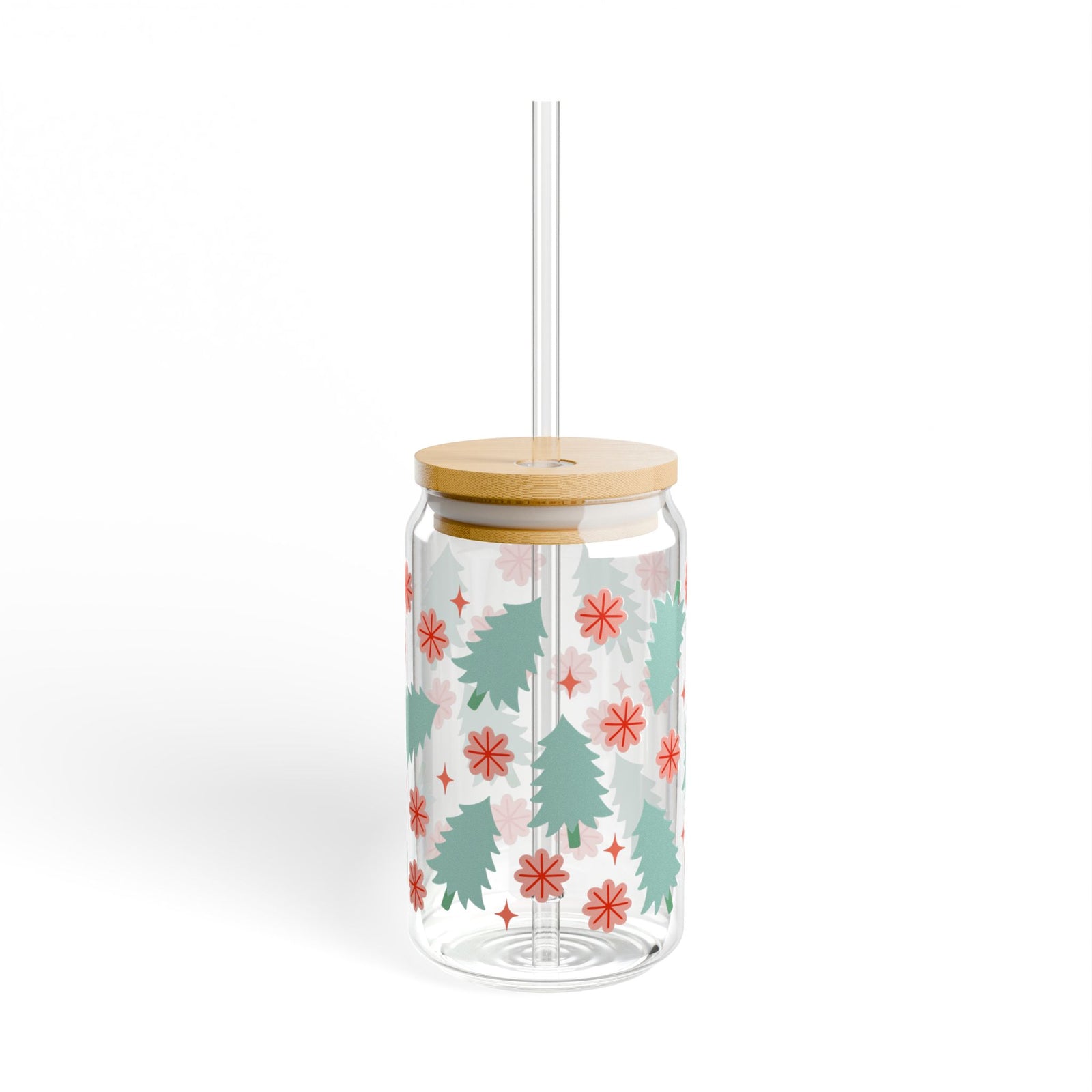 Holly Jolly Christmas Holiday 16 oz reusable glass drink jar with lid and straw