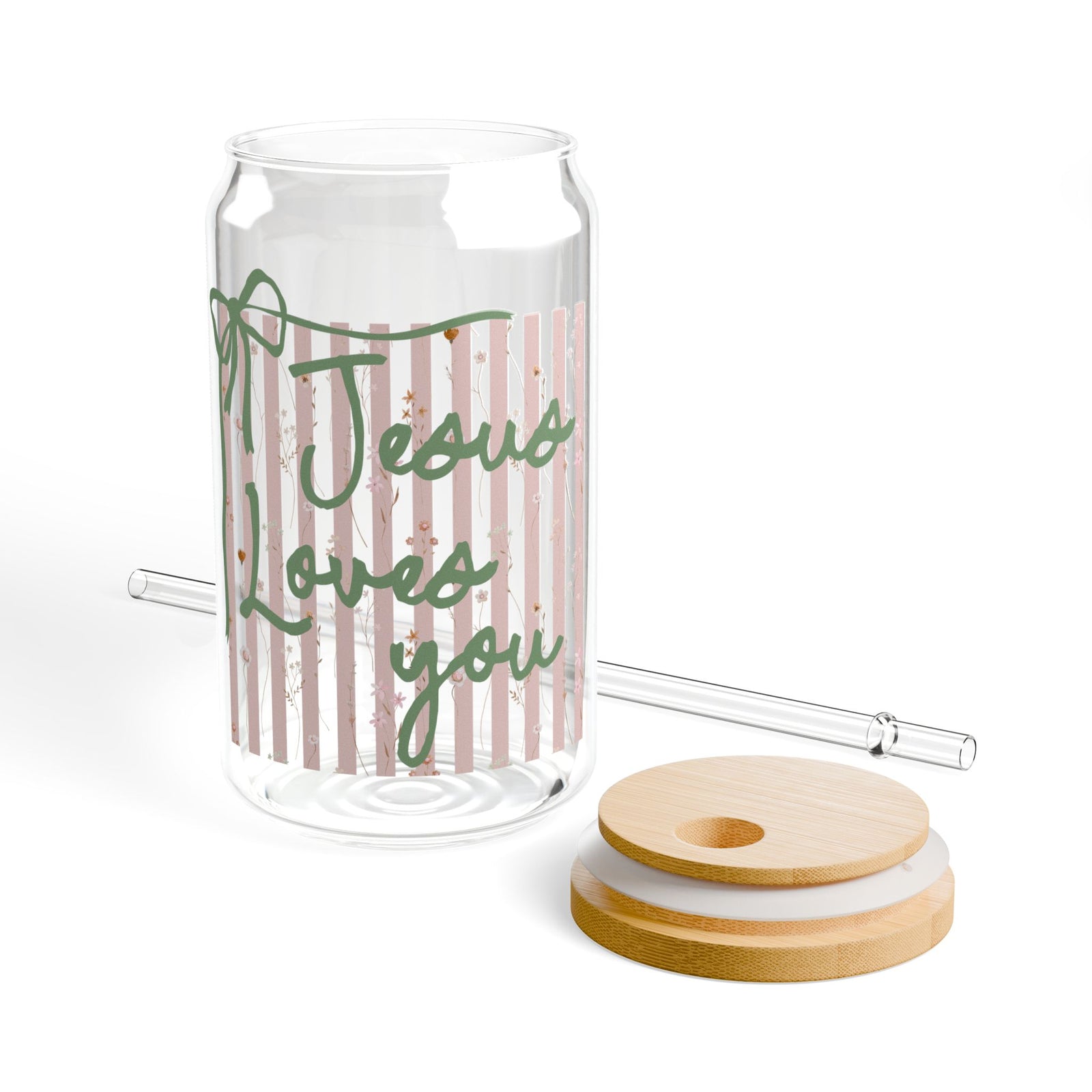 Jesus Loves You Pink Stripe Sipper Glass 16oz Reusable Drink Jar with Lid & Straw