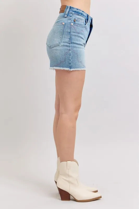 Judy Blue High Waist Western Embroidery Detail Cut Off Denim Shorts - Sydney So Sweet