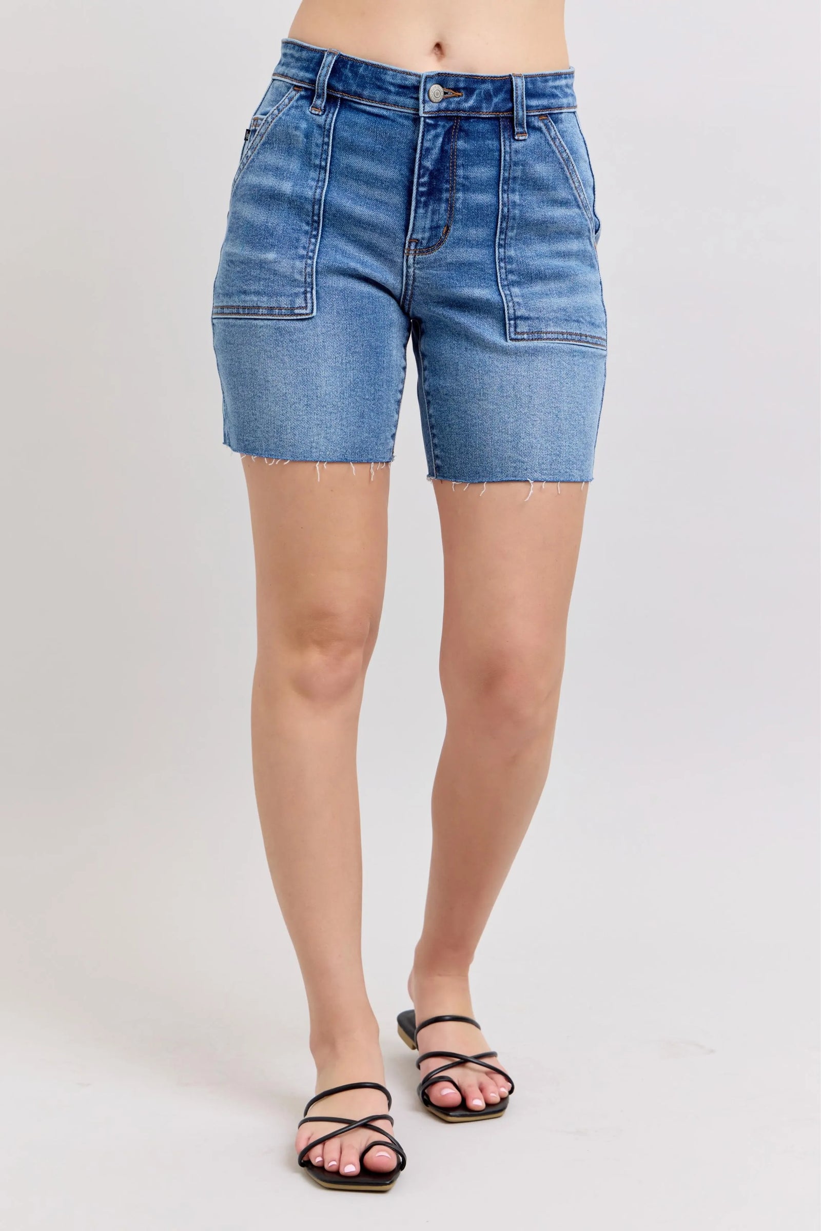 Judy Blue Full Size Mid Rise Bermudas Denim Shorts W/ Back Flap Pockets Plus Size - Sydney So Sweet