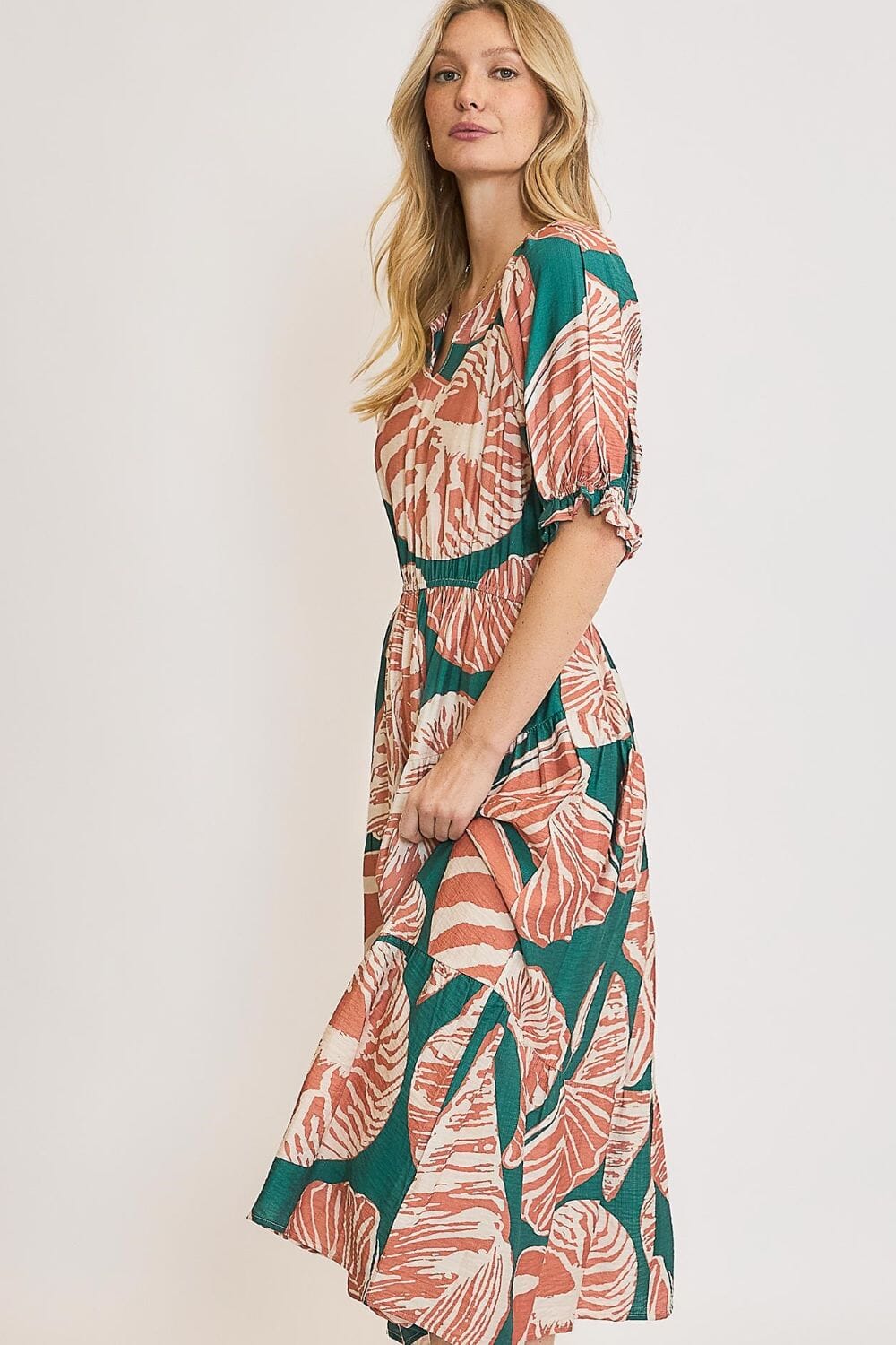 Umgee Full Size Printed Notched Puff Sleeve Midi Dress Plus Size - Sydney So Sweet