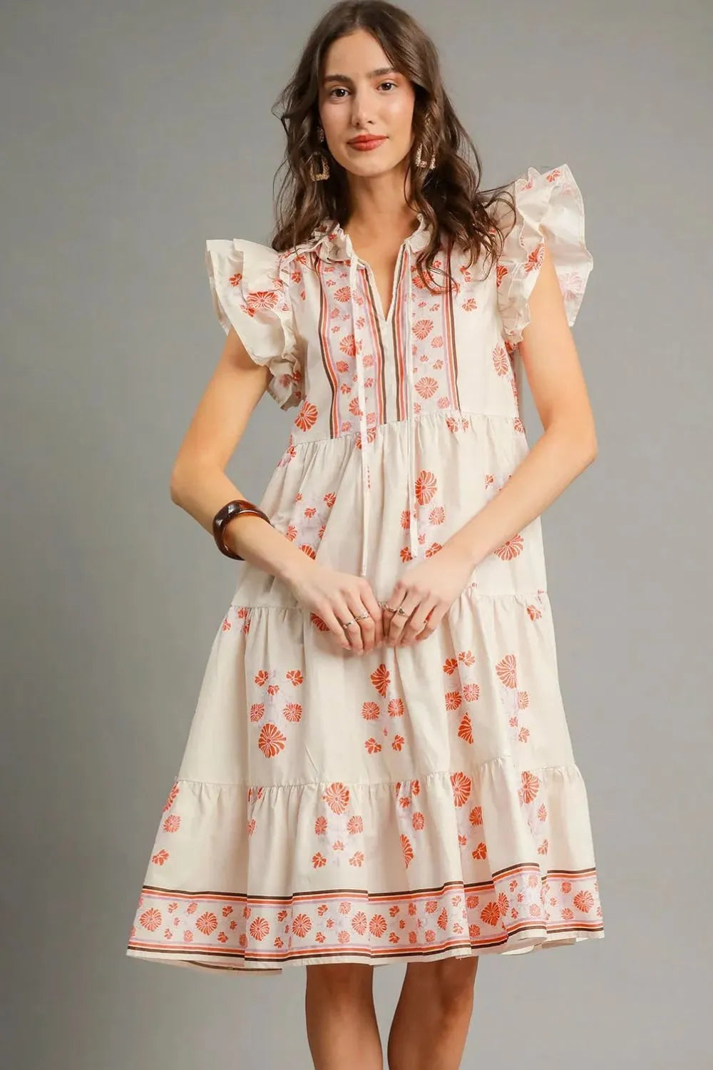 Umgee Printed Tie Neck Ruffle Cap Sleeve Dress - Sydney So Sweet