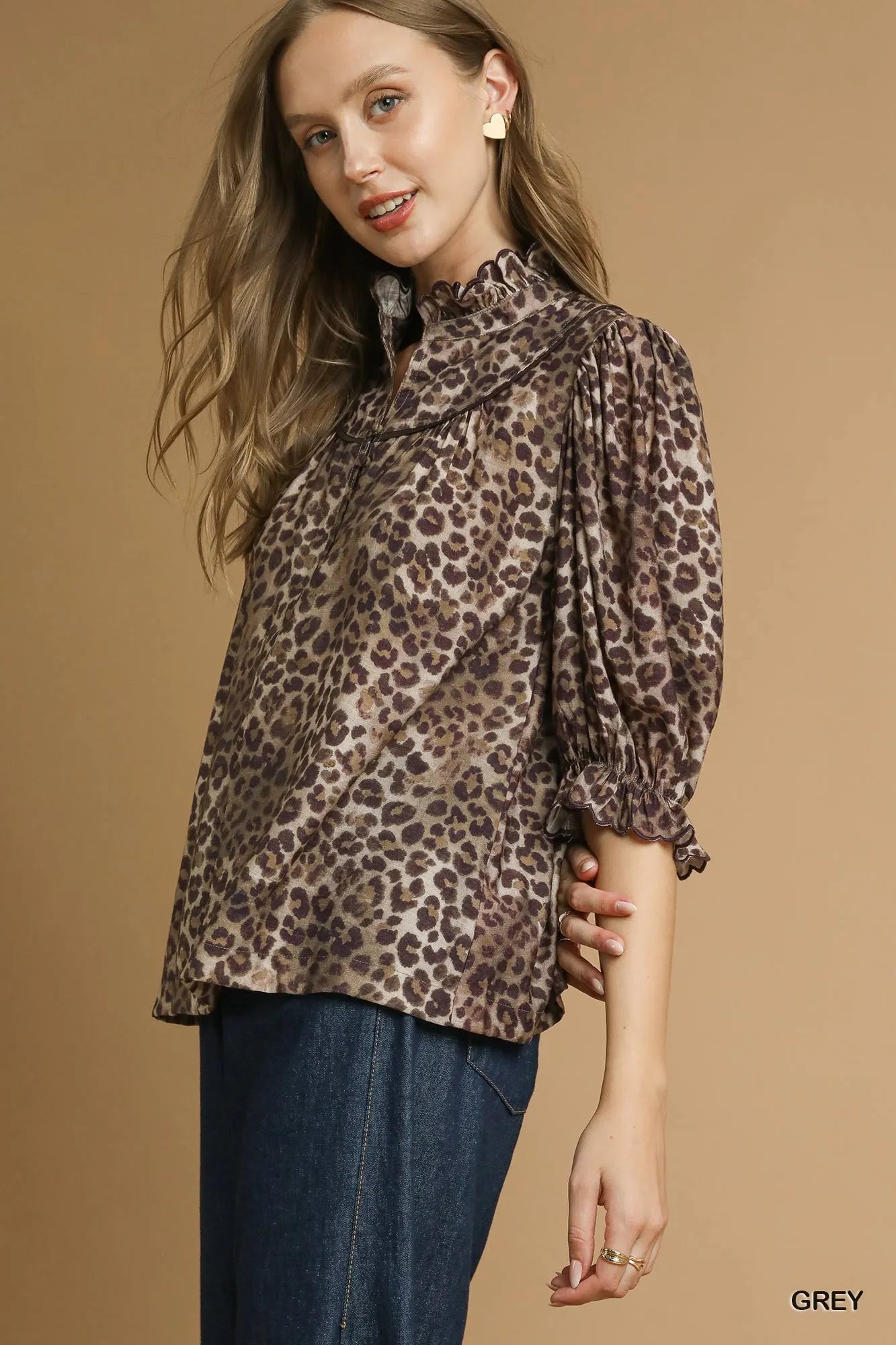 Umgee Leopard Print Ruffle Neck Blouse - Sydney So Sweet