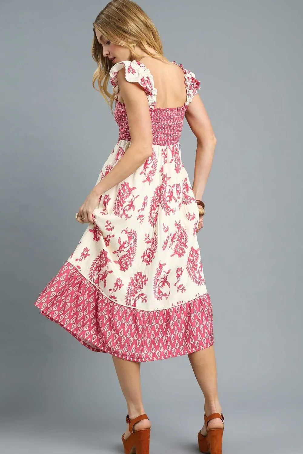 Umgee Printed Smocked Midi Dress with Ruffle Details - Sydney So Sweet