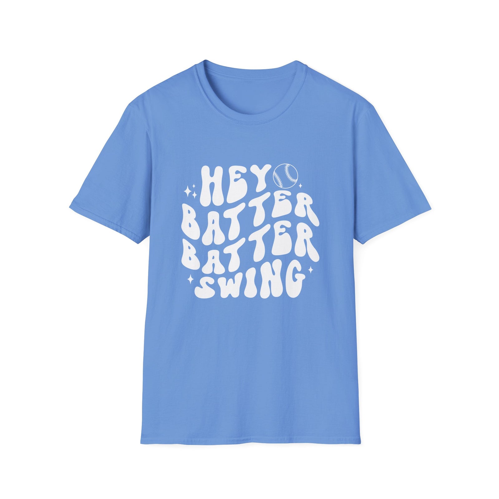 Hey Batter Batter Swing Baseball or Softball Retro Font Graphic T-Shirt Sports Tee (12 Team Colors)