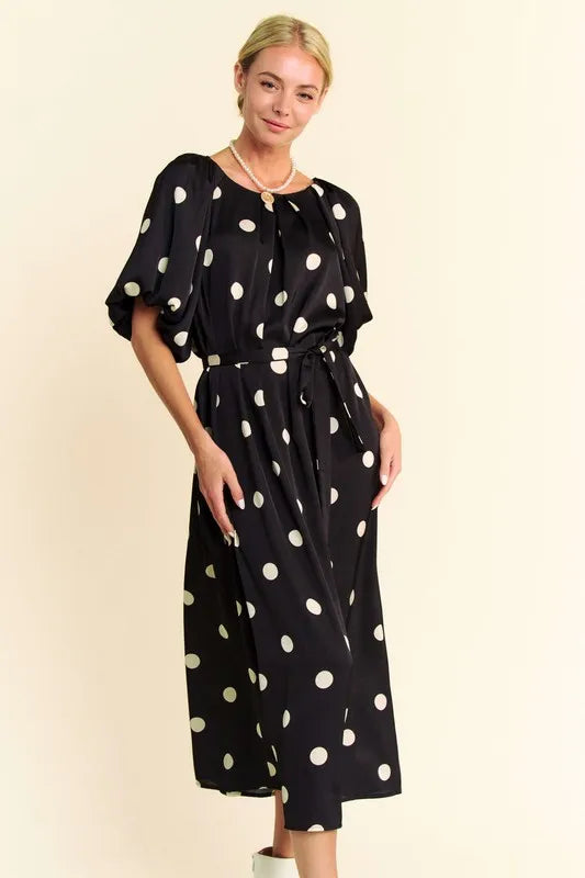 Davi & Dani Polka Dot Puff Sleeves Waist Tie Midi Dress - Sydney So Sweet