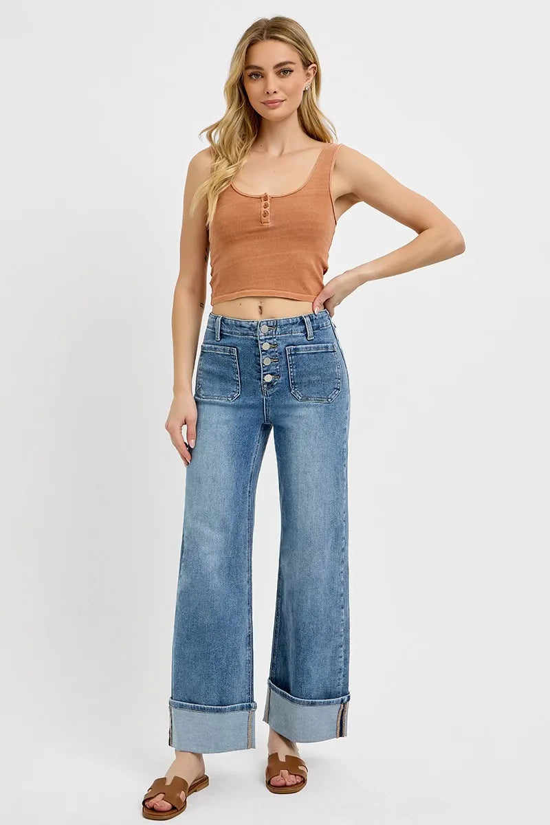 RISEN High Rise Ankle Wide Button Patch Pocket Cuffed Jeans - Sydney So Sweet